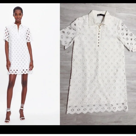 Zara White Eyelet Collared Shift Dress size medium - Picture 2 of 6
